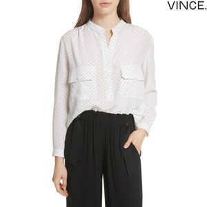 VINCE WOMEN NWT POLKA DOT UTILITY 100% SILK WHITE/BLACK BLOUSE. SIZE S